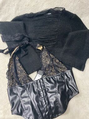 BUNDLE Fashion Nova Black Lace-Trim Knit Shrug with Faux Leather Bustier Detail